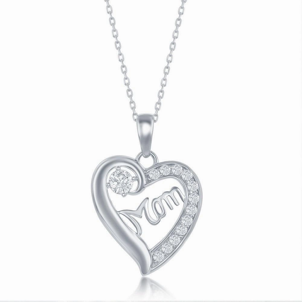 Sterling Silver 'Mom' Cubic Zirconia Heart Necklace