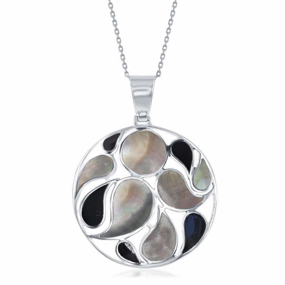 Sterling Silver Abalone and Onyx Round Pendant