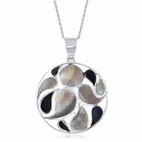 Sterling Silver Abalone and Onyx Round Pendant