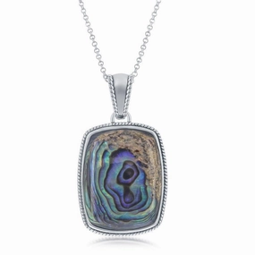 Sterling Silver Abalone Rope Design Border Rectangle Pendant With Chain