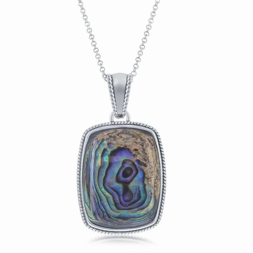 Sterling Silver Abalone Rope Design Border Rectangle Pendant With Chain