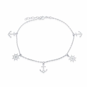 Sterling Silver Alternating Anchor and Ship Wheel Anklet