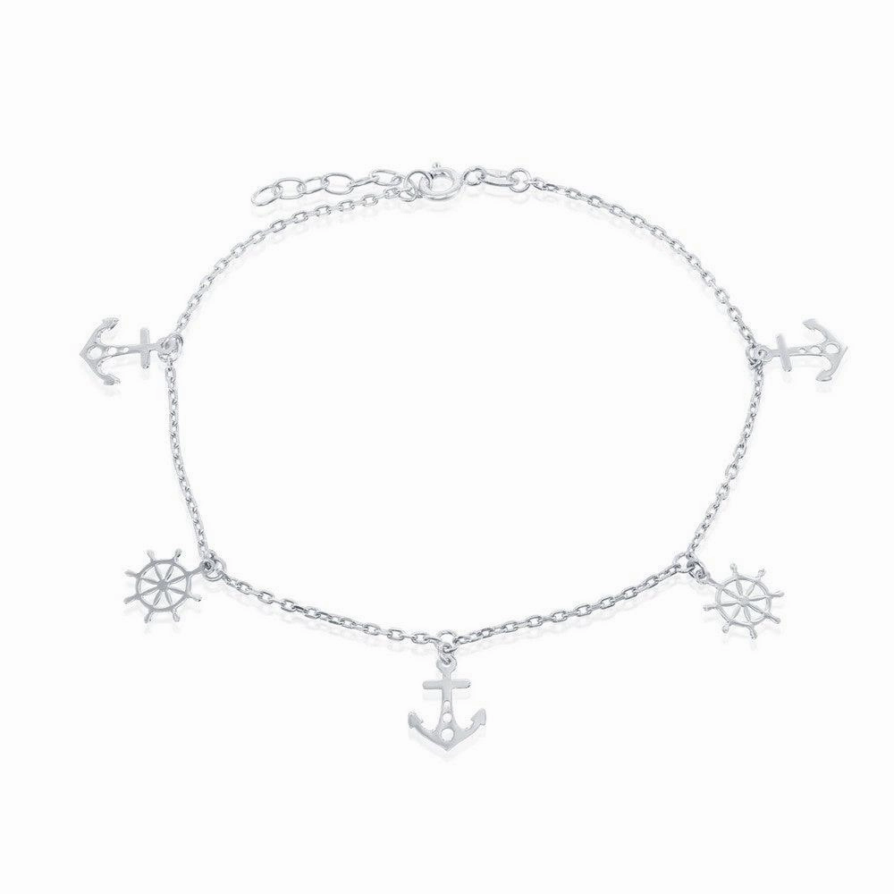 Sterling Silver Alternating Anchor and Ship Wheel Anklet