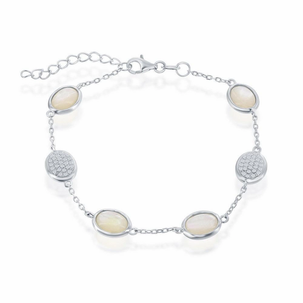 Sterling Silver Alternating Oval Micro Pave and MOP Bracelet, 7"