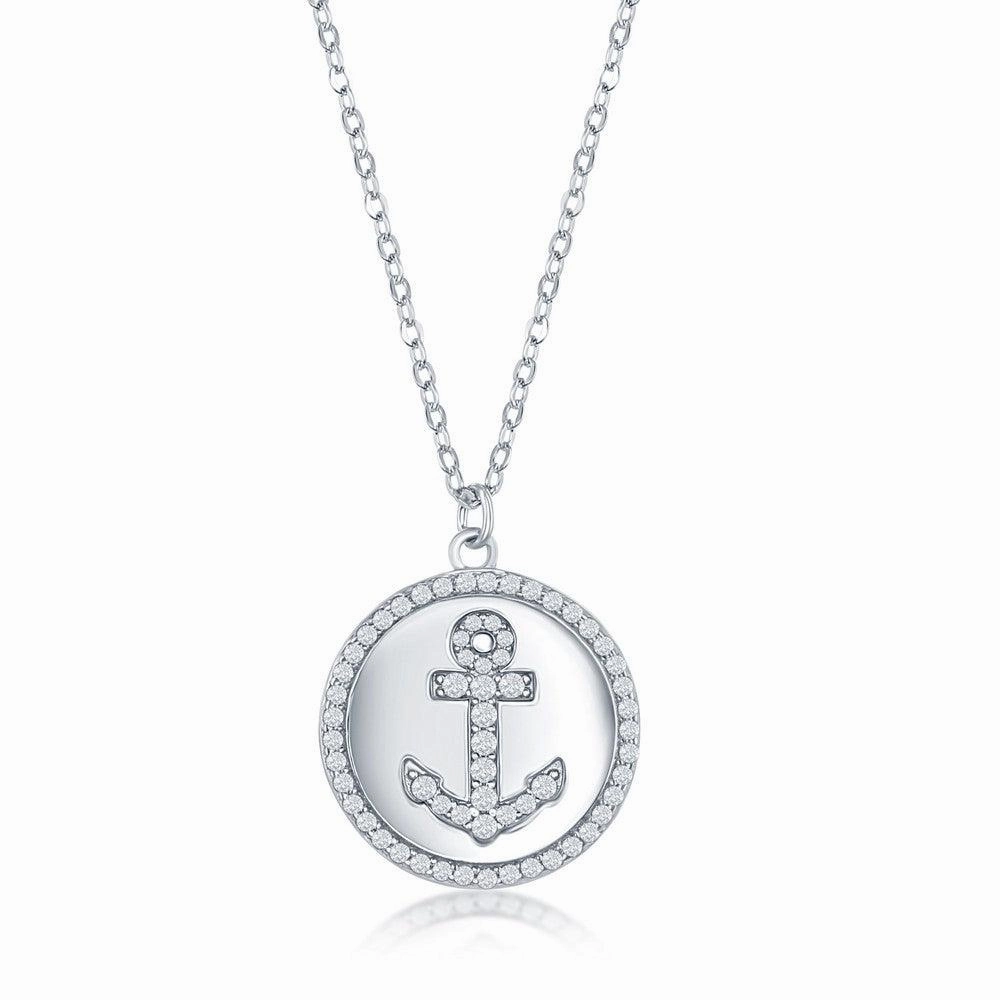 Sterling Silver Anchor Micro Pave Cubic Zirconia Disc Necklace