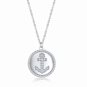 Sterling Silver Anchor Micro Pave Cubic Zirconia Disc Necklace