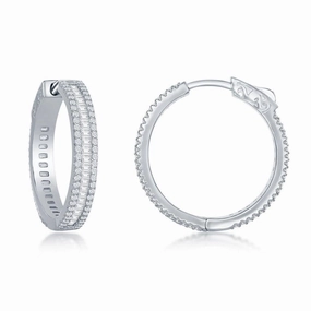 Sterling Silver Baguette CZ 25mm Hoop Earrings