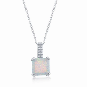 Sterling Silver Beaded Prong Square White Opal Pendant