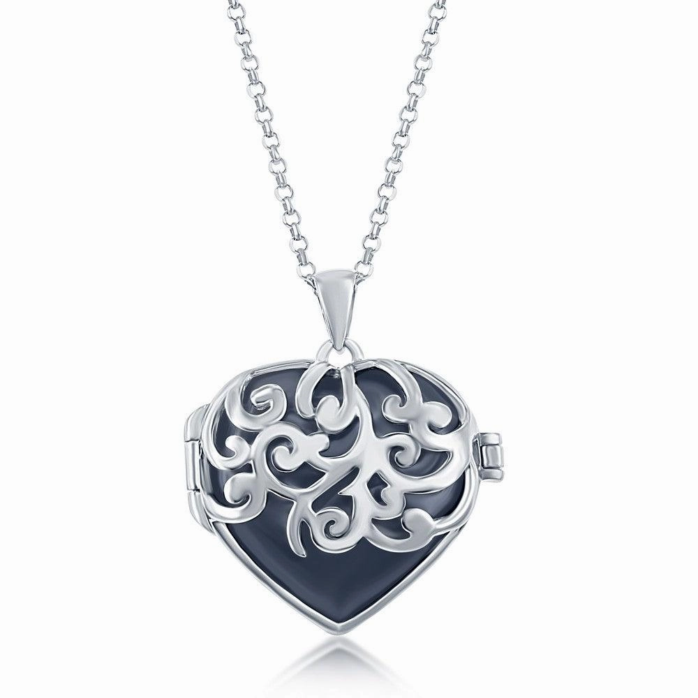 Sterling Silver Black Agate Designed Heart Locket