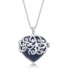 Sterling Silver Black Agate Designed Heart Locket