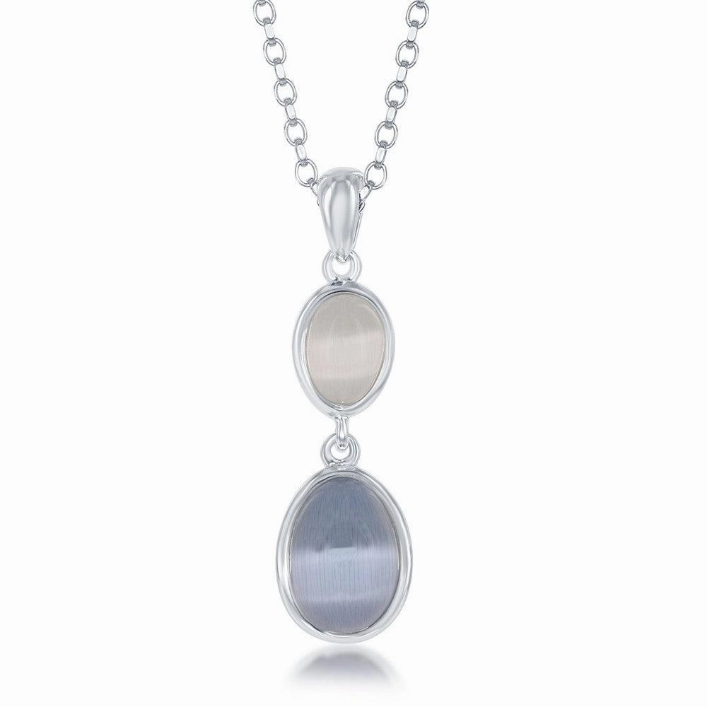 Sterling Silver Blue and Grey Oval Cat's Eye Necklace