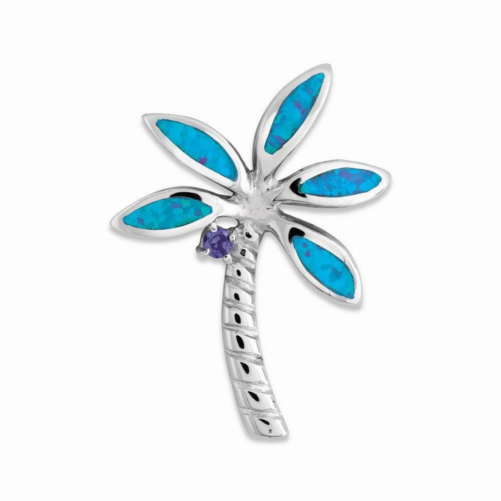 Sterling Silver Blue CZ and Opal Palm Tree Pendant