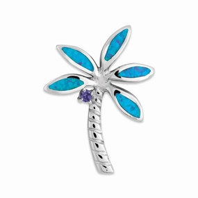 Sterling Silver Blue CZ and Opal Palm Tree Pendant