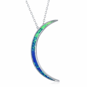 Sterling Silver Blue Inlay Crescent Moon Pendant