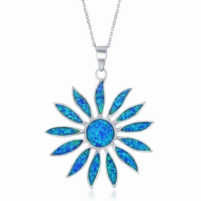 Sterling Silver Blue Inlay Daisy Flower Pendant