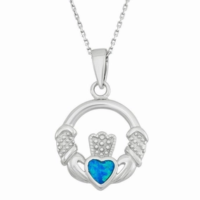 Sterling Silver Blue Inlay Irish Claddagh Pendant