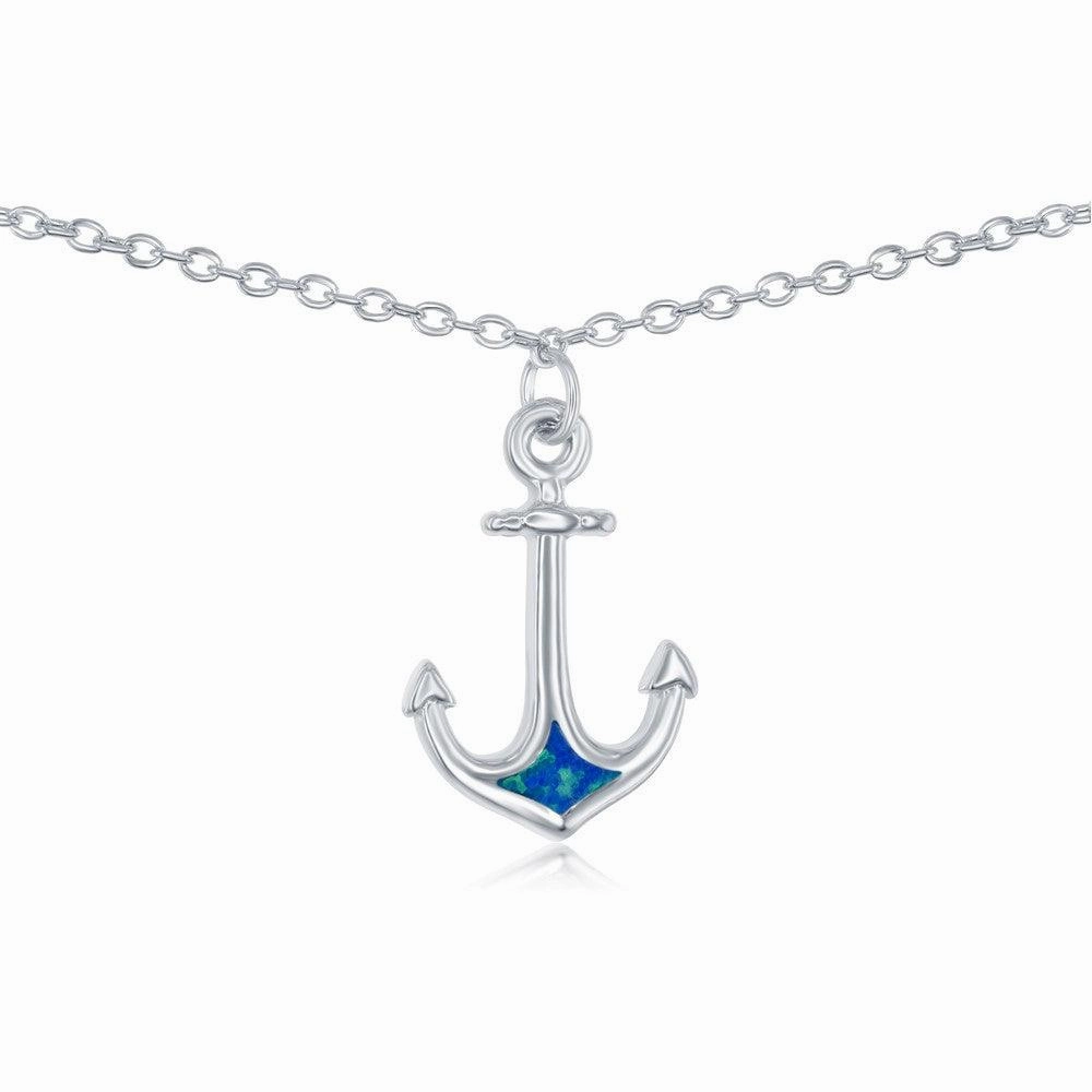 Sterling Silver Blue Inlay Opal Anchor Anklet