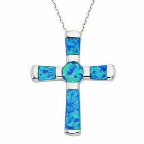 Sterling Silver Blue Inlay Opal Cross Pendant