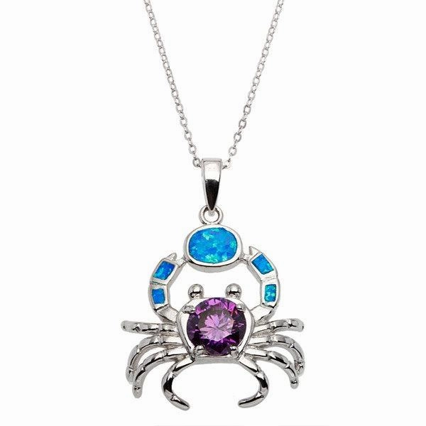 Sterling Silver Blue Inlay Opal CZ Crab Pendant
