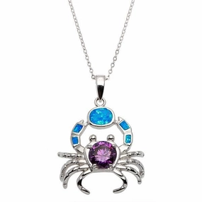 Sterling Silver Blue Inlay Opal CZ Crab Pendant