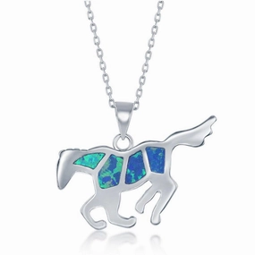 Sterling Silver Blue Inlay Opal Flat Horse Pendant