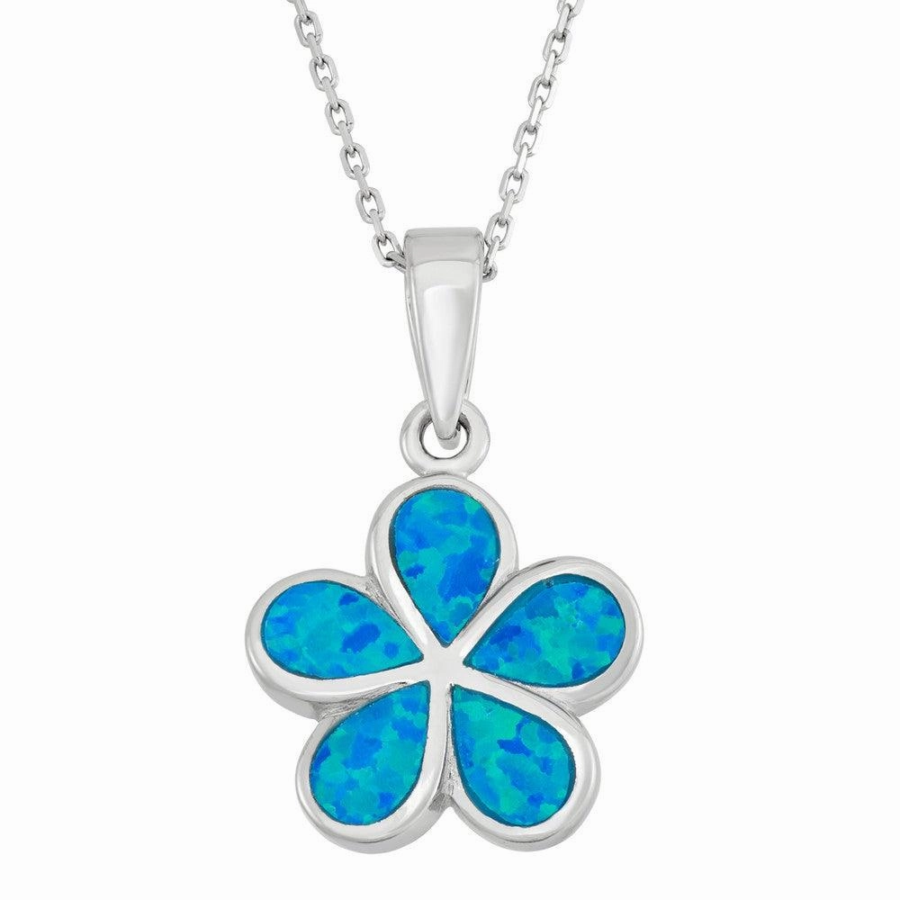 Sterling Silver Blue Inlay Opal Flower Pendant