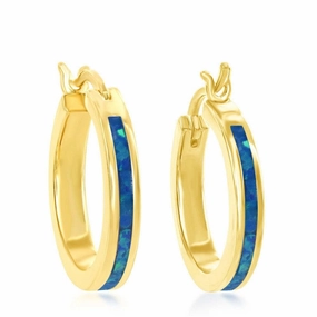Sterling Silver Blue Inlay Opal Hoop Earrings