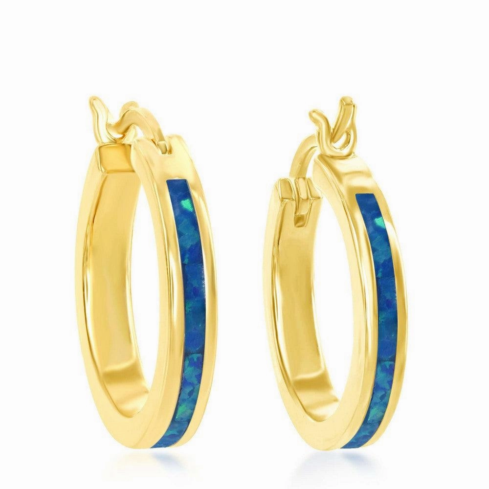 Sterling Silver Blue Inlay Opal Hoop Earrings