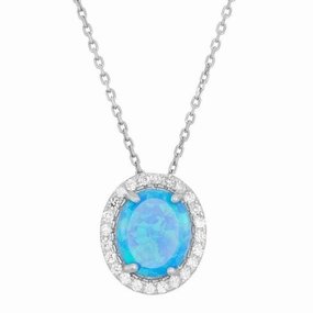 Sterling Silver Blue Inlay Opal Oval CZ Pendant