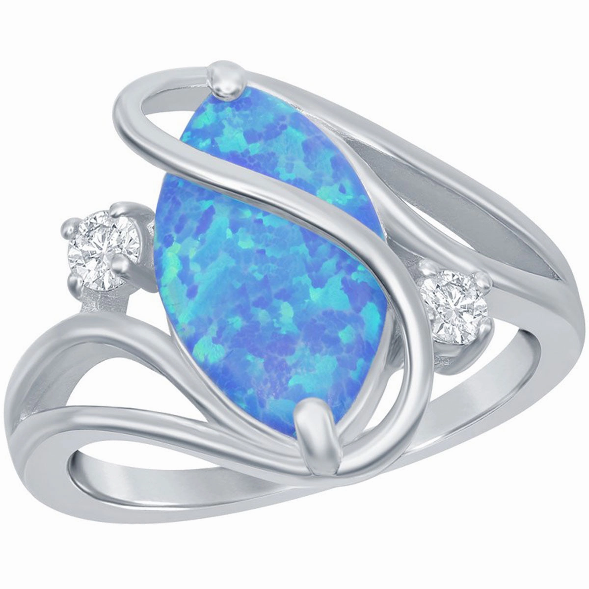 Sterling Silver Blue Inlay Opal Oval Twist With CZ Ring