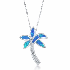 Sterling Silver Blue Inlay Opal Palm Tree Pendant