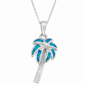 Sterling Silver Blue Inlay Opal Palm Tree Pendant