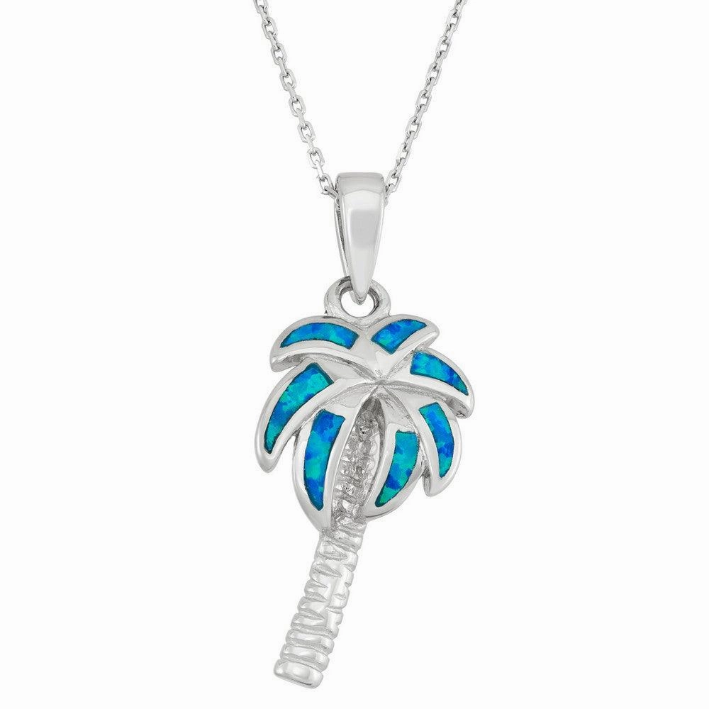 Sterling Silver Blue Inlay Opal Palm Tree Pendant