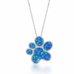 Sterling Silver Blue Inlay Opal Paw Print Pendant