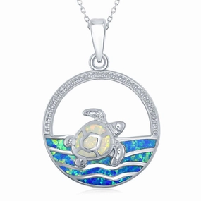 Sterling Silver Blue Inlay Opal Sea Round Pendant