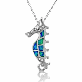 Sterling Silver Blue Inlay Opal Seahorse Pendant