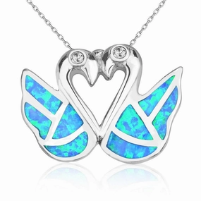 Sterling Silver Blue Inlay Opal Swans With  CZ Forming Heart Pendant