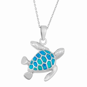 Sterling Silver Blue Inlay Opal Turtle Pendant