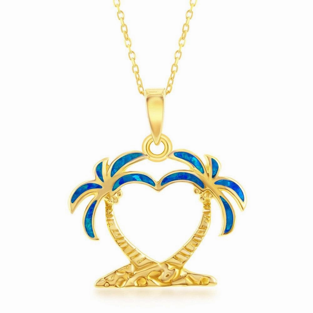 Sterling Silver Blue Inlay Opal Two Palm Trees Pendant - Gold Plated