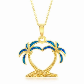 Sterling Silver Blue Inlay Opal Two Palm Trees Pendant - Gold Plated