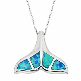 Sterling Silver Blue Inlay Opal Whale Tail Pendant
