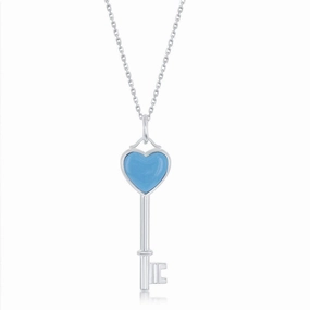 Sterling Silver Blue MOP Heart Small Key Pendant