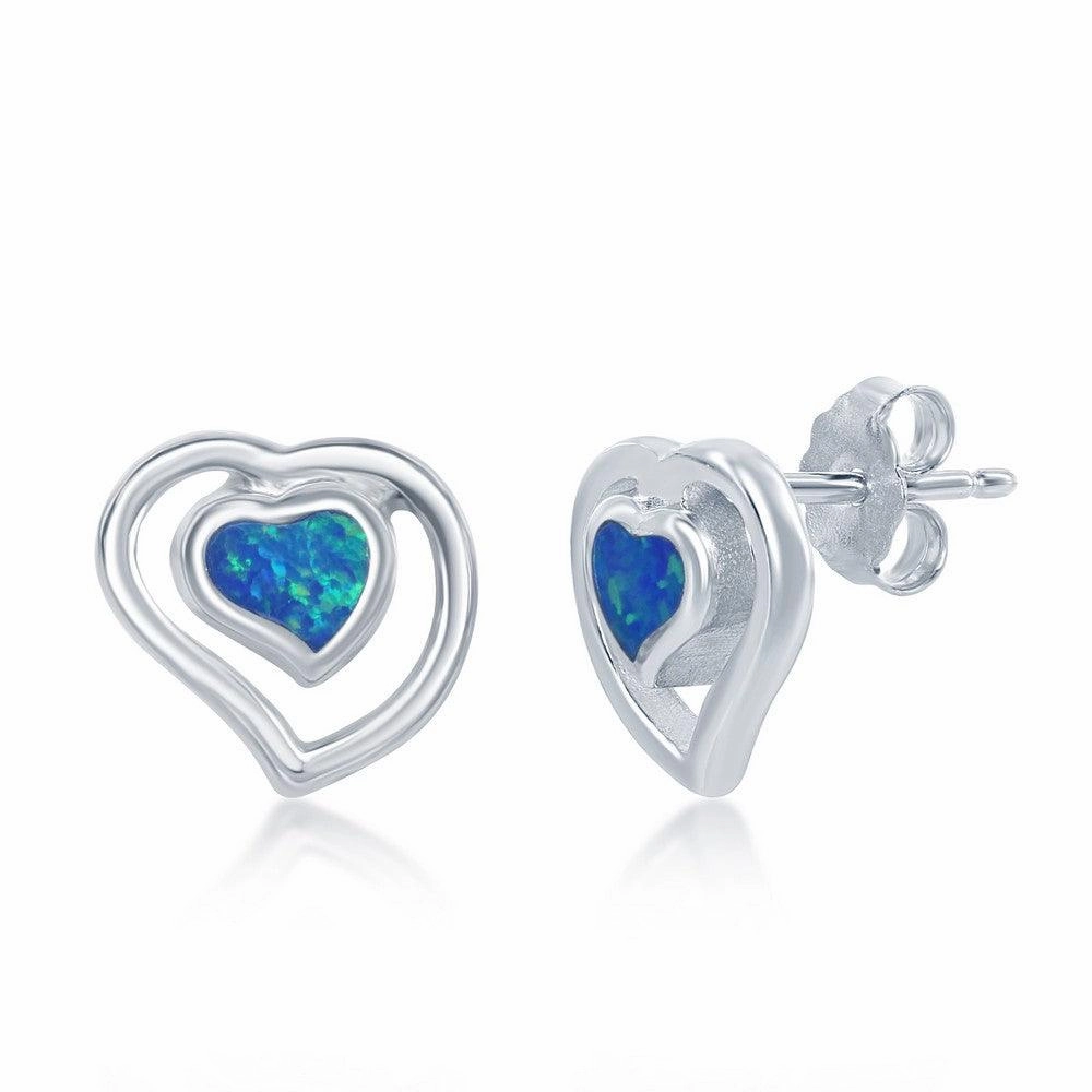 Sterling Silver Blue Opal Center Heart Earrings