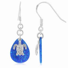 Sterling Silver Blue Opal Turtle Fishhook Earrings
