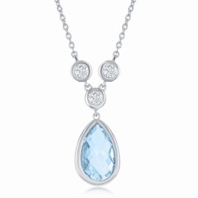 Sterling Silver Blue Topaz Teardrop with 3 White Topaz Necklace