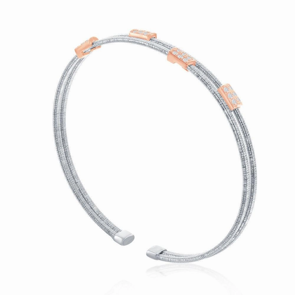 Sterling Silver Bonded 14K Rose Gold Rectangle Bars Wire Bangle