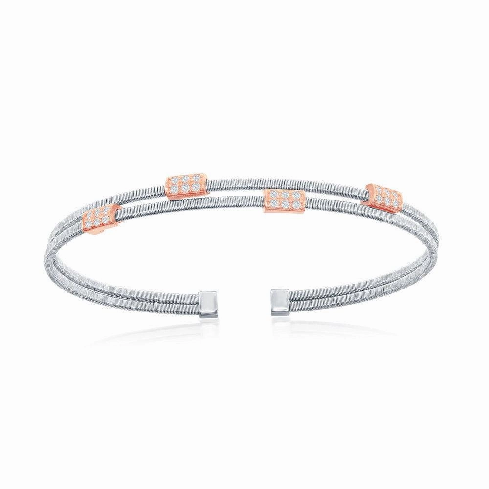 Sterling Silver Bonded 14K Rose Gold Rectangle Bars Wire Bangle