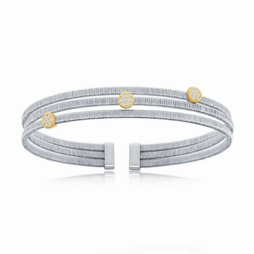 Sterling Silver Bonded with 14K GP CZ Bars Triple Wire Bangle