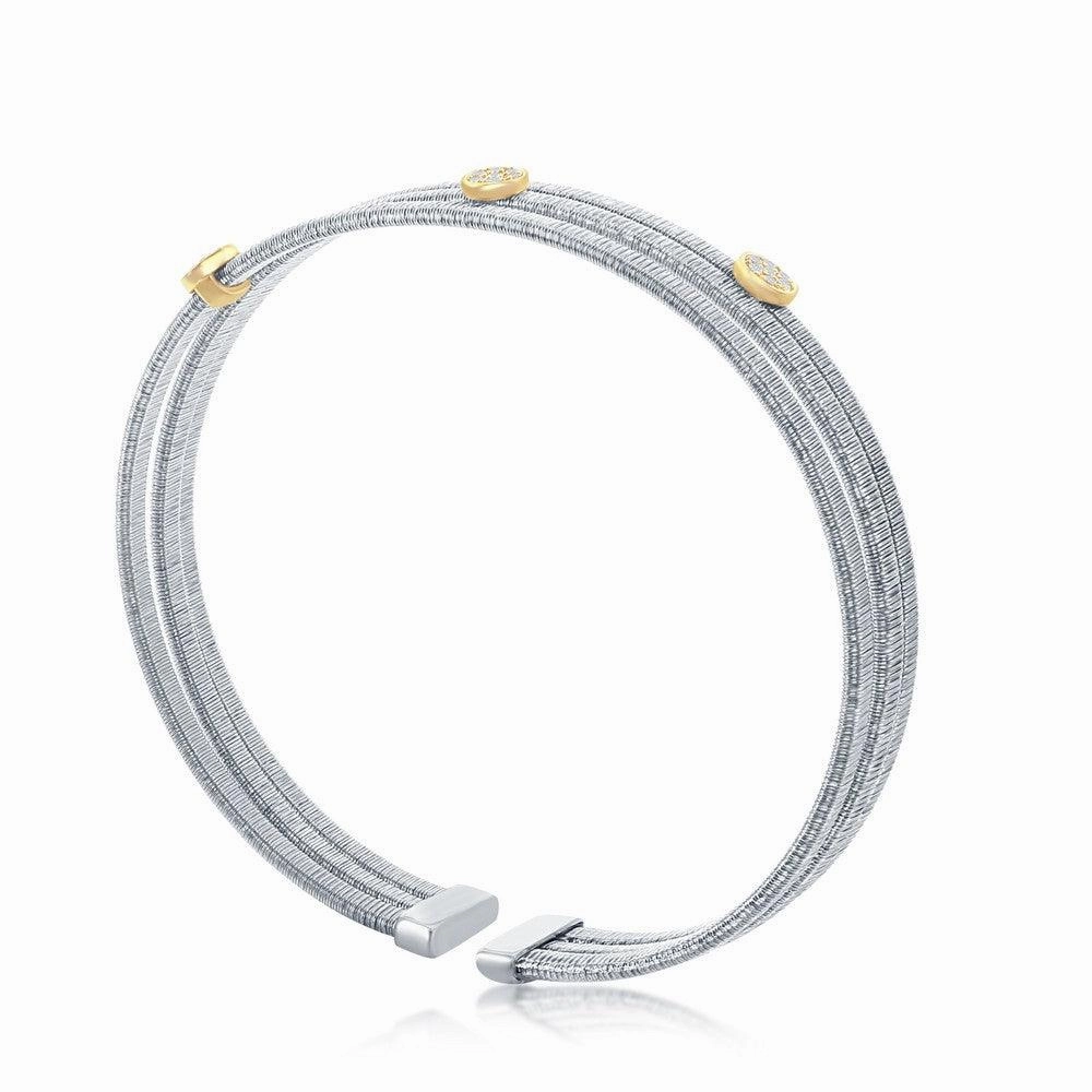 Sterling Silver Bonded with 14K GP CZ Bars Triple Wire Bangle