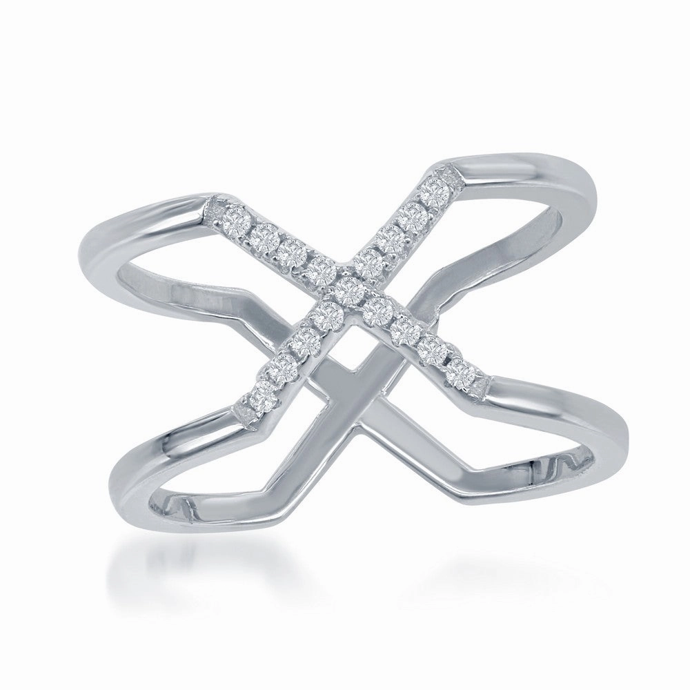 Sterling Silver Center CZ X Double Band Ring - W-1371